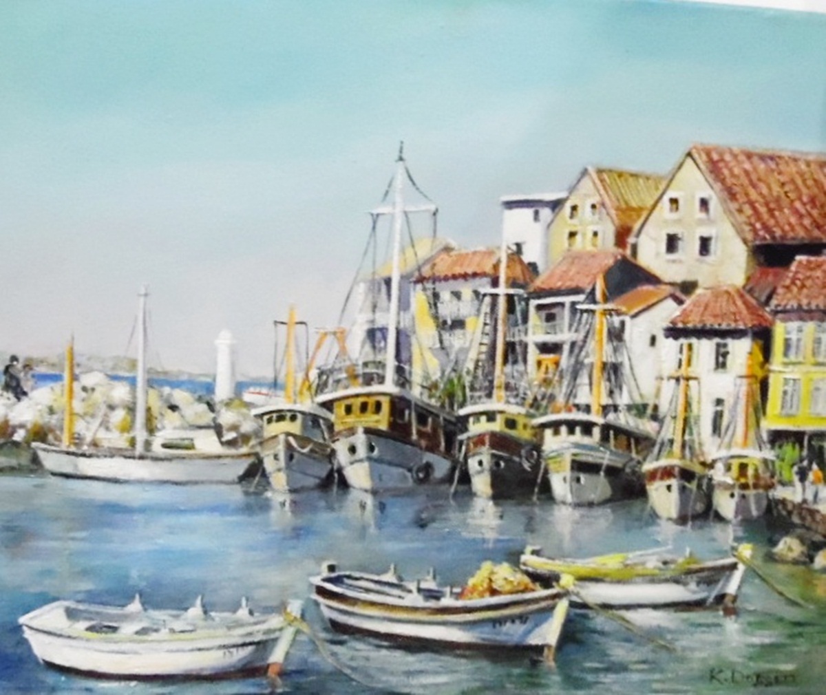 K Doggett (20th century school) Oil on canvas Mediterranean harbour scene, signed lower right,