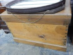 19th century pine blanket box on plinth base, with hinged cover and veneered interior,