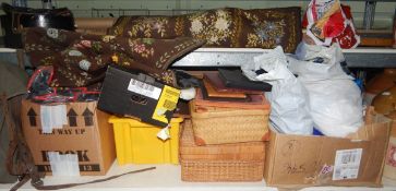 Large quantity of sewing materials, a rug, leather photograph frames, baskets, vintage clothes,