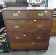 19th century mahogany travelling campaign chest of two short and three long drawers, on bun feet,