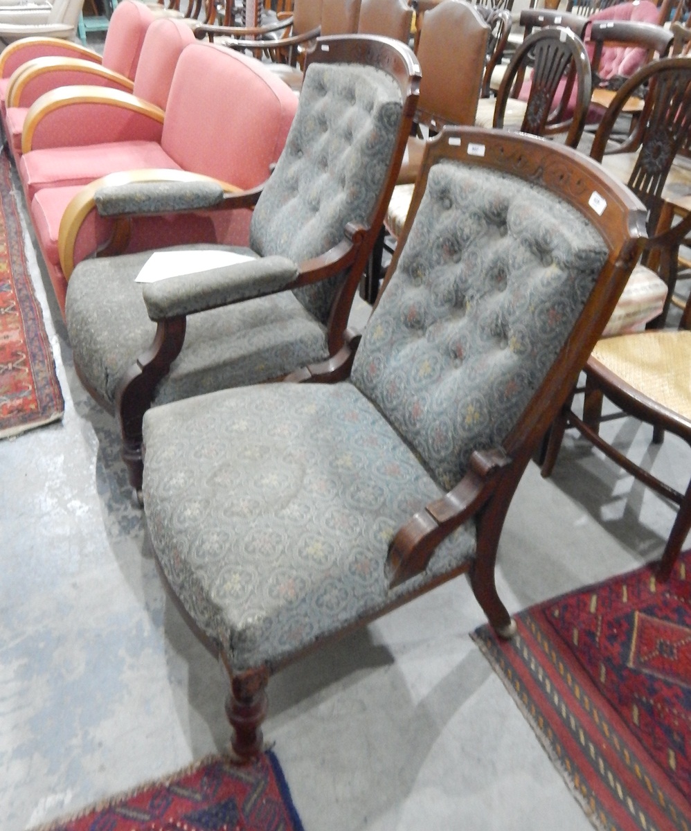 Gentleman's Edwardian mahogany-framed open arm easy chair having button upholstered back,