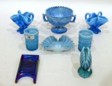 Collection of Victorian and later blue pressed glass including a pair of vases of folded triangular