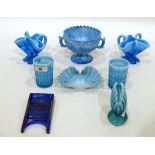 Collection of Victorian and later blue pressed glass including a pair of vases of folded triangular