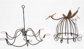 Wrought iron hanging chandelier and a wrought iron wall garden basket