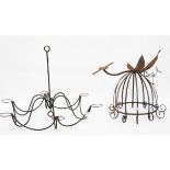 Wrought iron hanging chandelier and a wrought iron wall garden basket