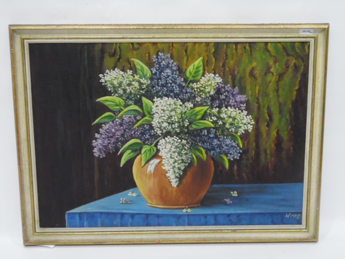 Weng (20th century school) Oil on board Still life of lilacs,