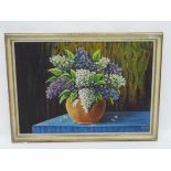 Weng (20th century school) Oil on board Still life of lilacs,