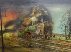 Oil on canvas of steam train,