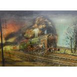 Oil on canvas of steam train,