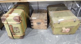 Two canvas and wood banded travelling trunks and a large wooden box (3)