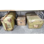 Two canvas and wood banded travelling trunks and a large wooden box (3)