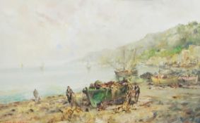 Matteo Passoni (Italian, 20th century school) Oil on canvas Coastal scene with fishermen on beach,