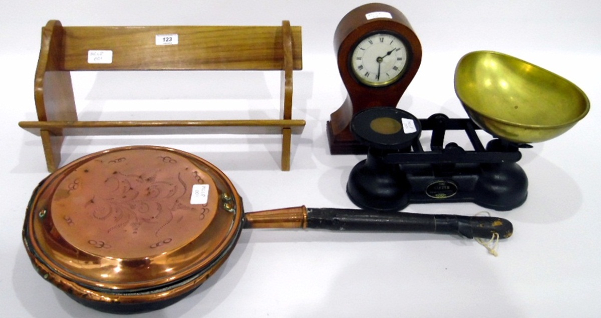 Copper warming pan, a pair of Salter balance scales with brass pan,