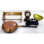 Copper warming pan, a pair of Salter balance scales with brass pan,