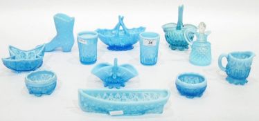 Quantity of Victorian and later blue pressed glass including two circular salts with opalescent