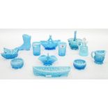 Quantity of Victorian and later blue pressed glass including two circular salts with opalescent