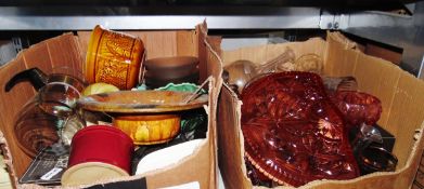 Assorted glassware and ceramics and a tin shelf with three storage tins (2 boxes)