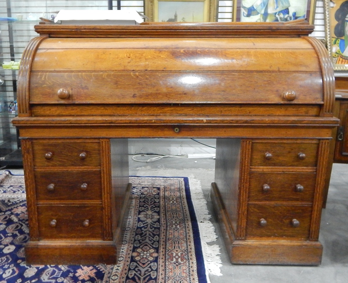 Mid 19th century oak cylinder pedestal desk by W Walker & Sons, Bunhill Row, London,