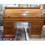 Mid 19th century oak cylinder pedestal desk by W Walker & Sons, Bunhill Row, London,