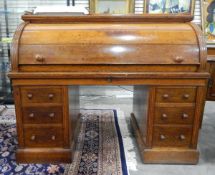 Mid 19th century oak cylinder pedestal desk by W Walker & Sons, Bunhill Row, London,