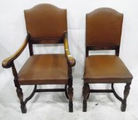 Set of four oak dining chairs with carved decoration, on turned supports,