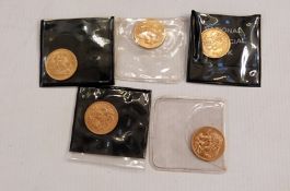 Five Elizabeth II gold sovereigns