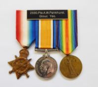 WWI 1914-15 star, war medal and victory medal awarded to '2330.PTE.A.W.PANKHURST.GLOUC.YEO.