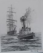 After John S Gibb Print Boat tugging a sailing ship, signed in pencil to the margin,