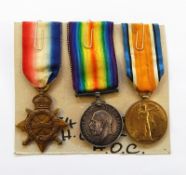 WWI 1915 star medal, war medal and victory medal awarded to 'A.1584.ARMR.S.SJT.JH.CURRY.A.O.