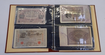 Banknotes in album to include Reichs Banknote, Banco Central de Referva del Peru,