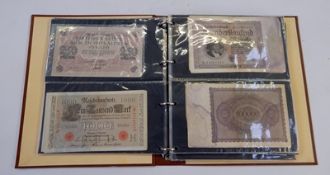 Banknotes in album to include Reichs Banknote, Banco Central de Referva del Peru,