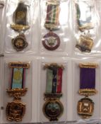 Collection of Masonic medals within a folder with plastic pockets