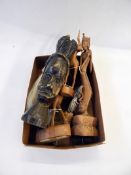 African carved hardwood female bust, 30cm high, a small quantity of carved hardwood animals,