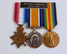 WWI 1914-15 Star, War medal and Victory medal named to "2217. PTE. J.H. HAWKINS. GLOUC.