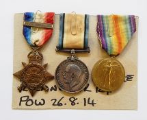 WWI 1914 star with Aug/Nov clasp, war medal and victory medal awarded to '11060.PTE.J.DICKIE.R.LANC.