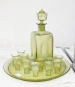 Continental lustre glass liqueur set viz:- square section decanter with concave panel sides,