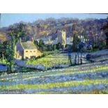 Valerie Wood (20th century) Oil on board Landscape looking across field to church, in lilac hues,