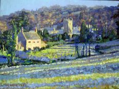 Valerie Wood (20th century) Oil on board Landscape looking across field to church, in lilac hues,