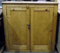 19th century pine cupboard with moulded edge top, pair of panelled doors enclosing shelves,