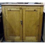 19th century pine cupboard with moulded edge top, pair of panelled doors enclosing shelves,