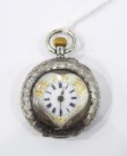 Lady's silver fob watch with heart-shaped enamel dial, Roman numerals,
