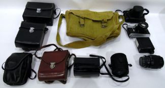A box and contents of assorted cameras, hessian bag etc.