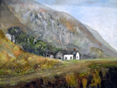 Pat Raymond Oil on board "Clonque Cottage, Alderney", landscape with cottage and mountains behind,