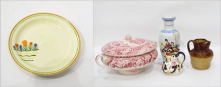 Clarice Cliff 'Bizarre' pattern dish, a stoneware jug, a modern Chinese vase,