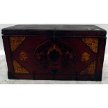 18th century pine Nepalese chest, the ring turned hinges, the front with painted oriental design,