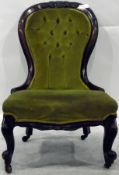 Victorian walnut framed nursing chair with button back upholstery and carved cresting rail