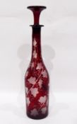 A ruby etched flash glass decanter, vine decorated,