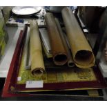 Various folded rolled prints, a tray etc.
