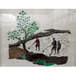 Two Chinese woodblock prints on paper, showing workers in the paddy fields,