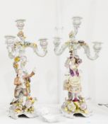 Pair of Plaue porcelain candelabra, each four-light with three scrolls,